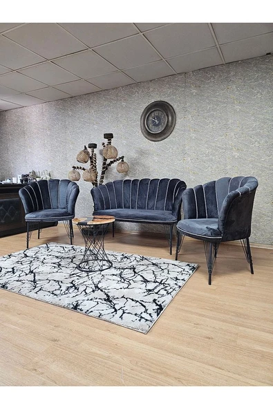 Siyah  Boyalı Tel Ayak Papatya Çay Seti Koltuk Takımı , Balkon, Salon, Ofis, Cafe Koltuk Takımı - 6