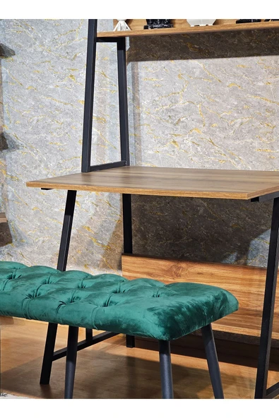 100'lük Benc - Siyah Boyalı Sivriltme Ayaklı Yeşil Döşemeli Oturak, Bench, Oturak, Makyaj Pufu - 5