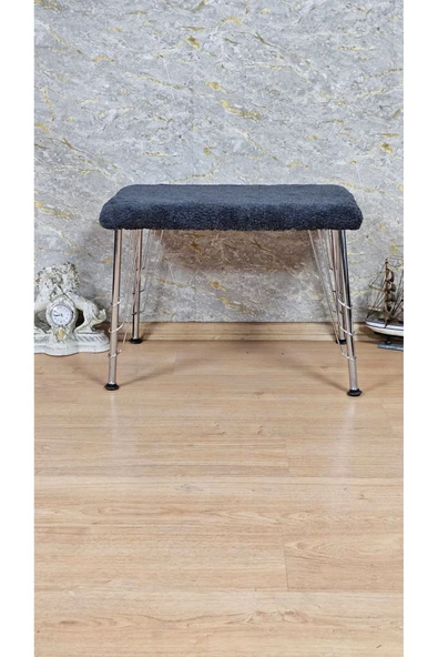 Krom Tel Ayaklı 60cm x 40cm Tedy Kumaşlı  Füme Döşeme Oturak, Bench, Oturak, Puf