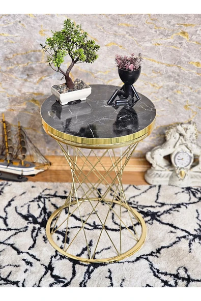 Gold Kaplama Pota 34 cm Suntalem Tablalı Sehpa - Siyah Mermer Gold Cumbalı Suntalem Sehpa - Ahşap Sehpa - Zigon Sehpa