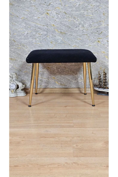 Gold Kaplama Sivriltme Ayaklı 60cm x 40cm Tedy Kumaşlı Siyah Döşeme Oturak, Bench, Oturak, Puf