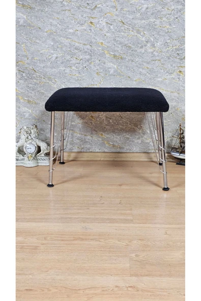 Krom Tel Ayaklı 60cm x 40cm Tedy Kumaşlı  Siyah Döşeme Oturak, Bench, Oturak, Puf