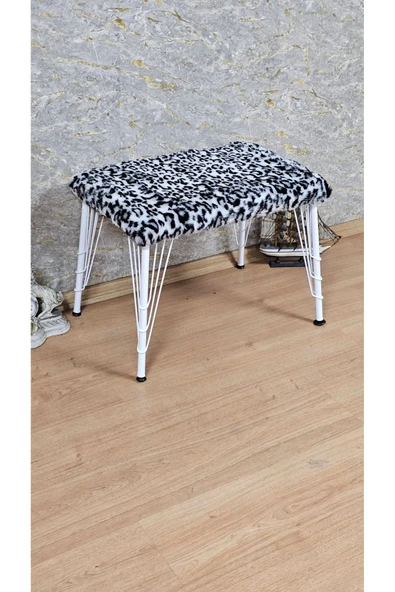 Beyaz Boyalı Tel Ayaklı 60cm x 40cm Tedy Kumaşlı  Zebra Döşeme Oturak, Bench, Oturak, Puf - 3