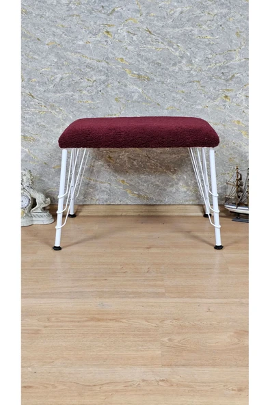 Beyaz Boyalı  Tel Ayaklı 60cm x 40cm Tedy Kumaşlı  Bordo Döşeme Oturak, Bench, Oturak, Puf