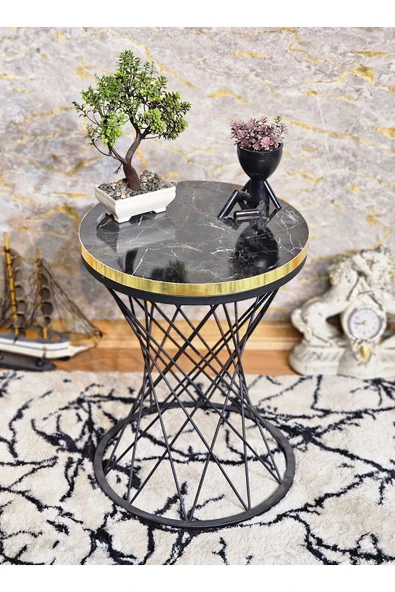 Siyah Boyalı Pota 34 cm Suntalem Tablalı Sehpa - Siyah Mermer Gold Cumbalı Suntalem Sehpa - Ahşap Sehpa - Zigon Sehpa