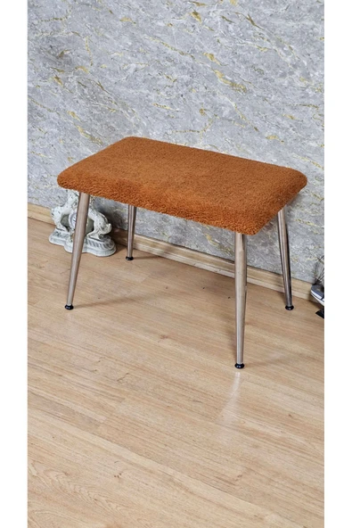 Krom Kaplama Sivriltme Ayaklı 60cm x 40cm Tedy Kumaşlı Turuncu Döşeme Oturak, Bench, Oturak, Puf - 4