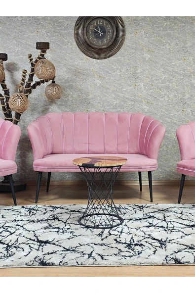 Siyah Boyalı Sivriltme Ayak Pembe Döşeme Papatya Çay Seti Koltuk Takımı , Balkon, Salon, Ofis, Cafe Koltuk Takımı - 2