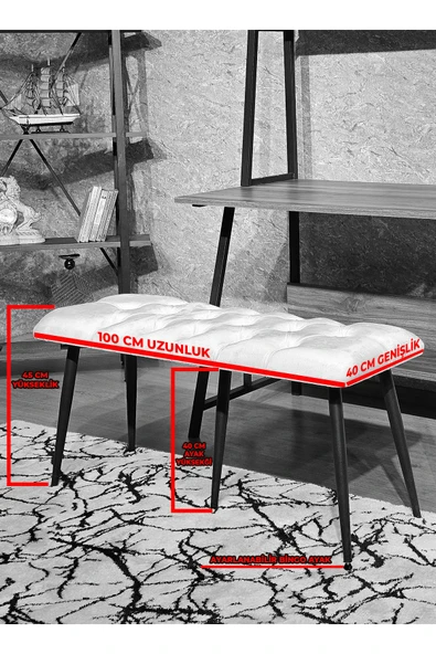100'lük Benc - Siyah Boyalı Sivriltme Ayaklı Krem Döşemeli Oturak, Bench, Oturak, Makyaj Pufu - 2