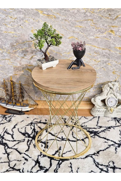 Gold Kaplama Pota 34 cm Suntalem Tablalı Sehpa - Atlas Çam Suntalem Sehpa - Ahşap Sehpa - Zigon Sehpa