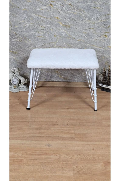 Beyaz Boyalı Tel Ayaklı 60cm x 40cm Tedy Kumaşlı  Krem Döşeme Oturak, Bench, Oturak, Puf - 2