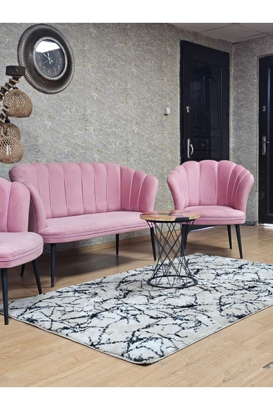 Siyah Boyalı Sivriltme Ayak Pembe Döşeme Papatya Çay Seti Koltuk Takımı , Balkon, Salon, Ofis, Cafe Koltuk Takımı - 5