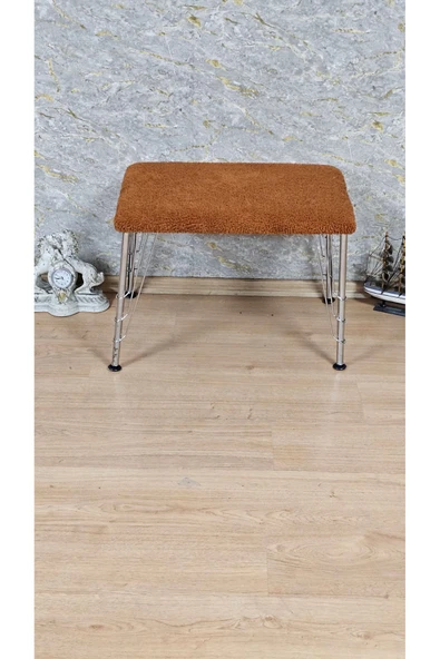 Krom Tel Ayaklı 60cm x 40cm Tedy Kumaşlı  Turuncu Döşeme Oturak, Bench, Oturak, Puf - 2