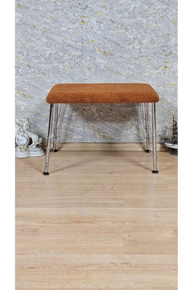 Krom Tel Ayaklı 60cm x 40cm Tedy Kumaşlı  Turuncu Döşeme Oturak, Bench, Oturak, Puf