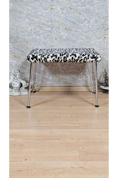 Krom Tel Ayaklı 60cm x 40cm Tedy Kumaşlı  Leopar Döşeme Oturak, Bench, Oturak, Puf