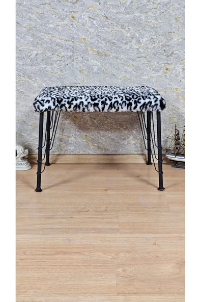 Siyah Boyalı Tel Ayaklı 60cm x 40cm Tedy Kumaşlı Zebra Döşeme Oturak, Bench, Oturak, Puf