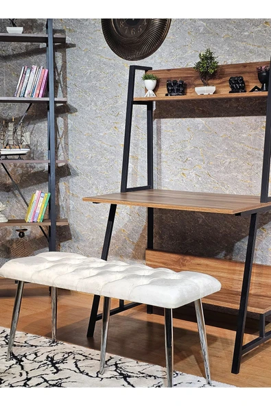 100'lük Benc – Krom Kaplama Sivriltme Ayaklı Krem Döşemeli Oturak, Bench, Oturak, Makyaj Pufu - 3