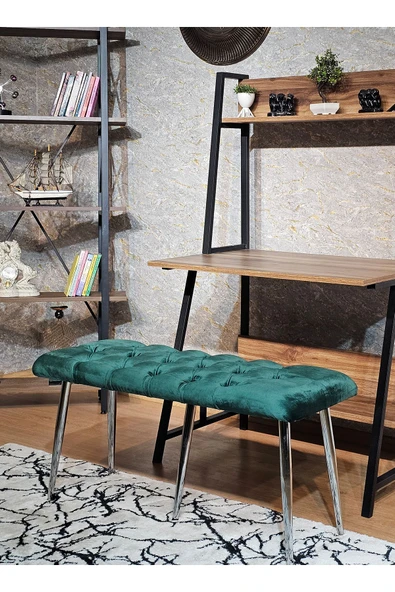 100'lük Benc – Krom Kaplama Sivriltme Ayaklı Yeşil Döşemeli Oturak, Bench, Oturak, Makyaj Pufu