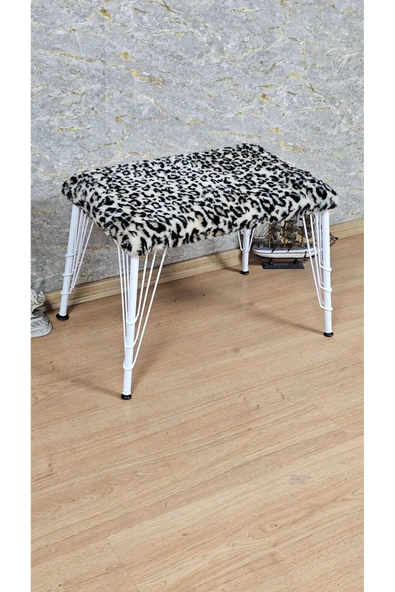 Beyaz Boyalı Tel Ayaklı 60cm x 40cm Tedy Kumaşlı  Leopar Döşeme Oturak, Bench, Oturak, Puf - 3