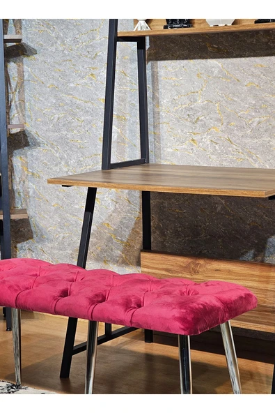 100'lük Benc – Krom Kaplama Sivriltme Ayaklı Bordo Döşemeli Oturak, Bench, Oturak, Makyaj Pufu - 4
