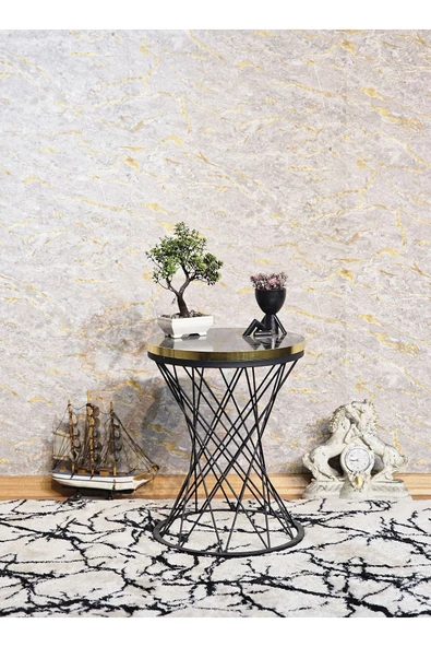 Siyah Boyalı Pota 34 cm Suntalem Tablalı Sehpa - Siyah Mermer Gold Cumbalı Suntalem Sehpa - Ahşap Sehpa - Zigon Sehpa - 6