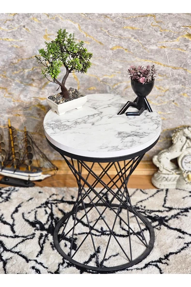 Siyah Boyalı Pota 34 cm Suntalem Tablalı  Sehpa -  Beyaz Mermer Suntalem Sehpa - Ahşap Sehpa - Zigon Sehpa - 4