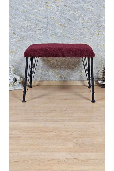 Siyah Boyalı Tel Ayaklı 60cm x 40cm Tedy Kumaşlı Bordo Döşeme Oturak, Bench, Oturak, Puf