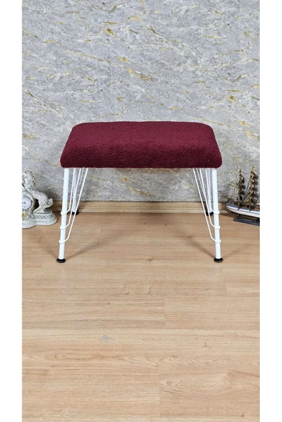 Beyaz Boyalı  Tel Ayaklı 60cm x 40cm Tedy Kumaşlı  Bordo Döşeme Oturak, Bench, Oturak, Puf - 2