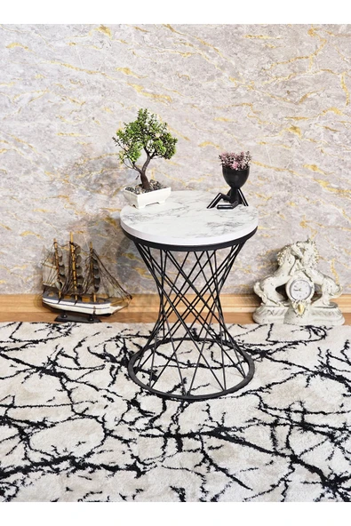 Siyah Boyalı Pota 34 cm Suntalem Tablalı  Sehpa -  Beyaz Mermer Suntalem Sehpa - Ahşap Sehpa - Zigon Sehpa - 3