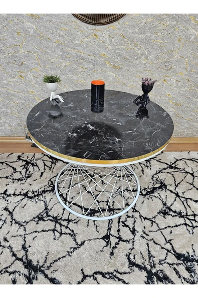 Beyaz Boyalı Suntalem Pota Orta Sehpa Siyah Mermer Gold Cumba Desenli Suntalem Sehpa - Sehpa - Orta Sehpa - Yan Sehpa