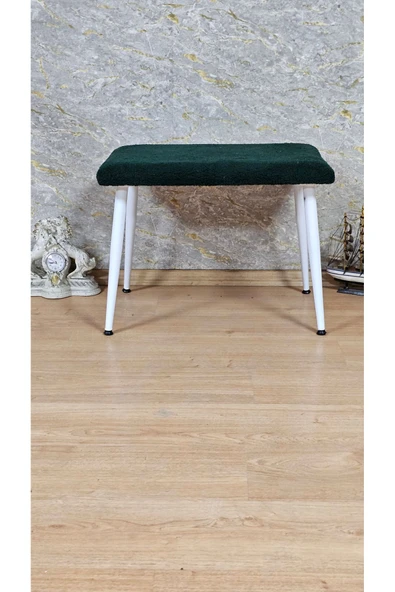 Beyaz Boyalı Sivriltme Ayaklı 60cm x 40cm Tedy Kumaşlı Yeşil Döşeme Oturak, Bench, Oturak, Puf