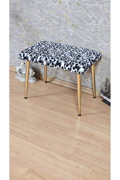 Gold Kaplama Sivriltme Ayaklı 60cm x 40cm Tedy Kumaşlı Zebra Döşeme Oturak, Bench, Oturak, Puf - 4