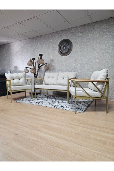 Gold Boyalı Bahçe Koltuk Takımı Krem Döşeme - Balkon - Mutfak Çay Seti Takımı Bahçe Koltuk Takımı - 7