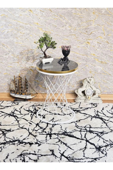 Beyaz Boyalı Pota 34 cm Suntalem Tablalı  Sehpa - Siyah Mermer Gold Cumbalı Suntalem Sehpa - Ahşap Sehpa - Zigon Sehpa - Resim 6