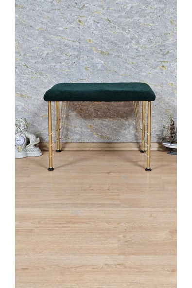 Gold Tel Ayaklı 60cm x 40cm Tedy Kumaşlı  Yeşil  Döşeme Oturak, Bench, Oturak, Puf