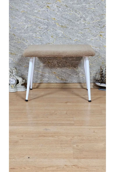 Beyaz Boyalı Sivriltme Ayaklı 60cm x 40cm Tedy Kumaşlı Kapiçino Döşeme Oturak, Bench, Oturak, Puf