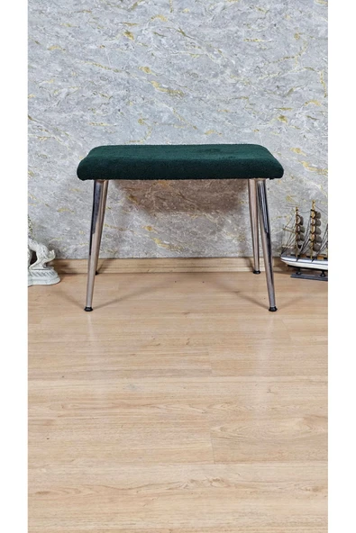 Krom Kaplama Sivriltme Ayaklı 60cm x 40cm Tedy Kumaşlı Yeşil Döşeme Oturak, Bench, Oturak, Puf