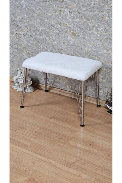 Krom Tel Ayaklı 60cm x 40cm Tedy Kumaşlı  Krem Döşeme Oturak, Bench, Oturak, Puf - 4
