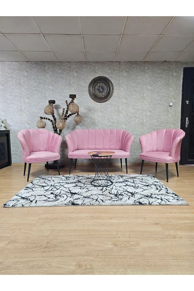 Siyah Boyalı Sivriltme Ayak Pembe Döşeme Papatya Çay Seti Koltuk Takımı , Balkon, Salon, Ofis, Cafe Koltuk Takımı