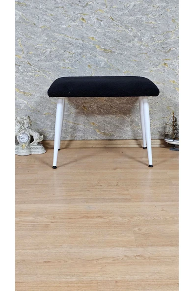 Beyaz Boyalı Sivriltme Ayaklı 60cm x 40cm Tedy Kumaşlı Siyah Döşeme Oturak, Bench, Oturak, Puf