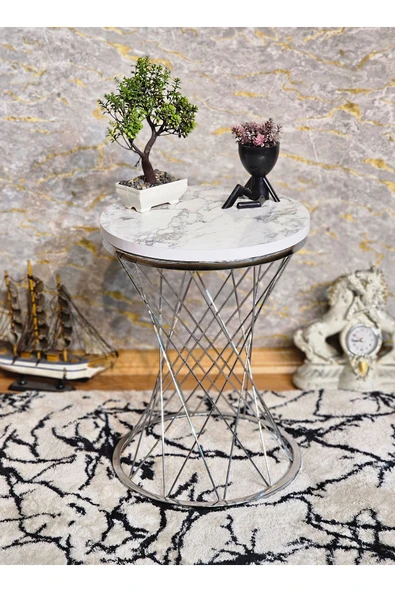 Krom Kaplama Pota 34 cm Suntalem Tablalı Sehpa - Beyaz Mermer Suntalem Sehpa - Ahşap Sehpa - Zigon Sehpa - 4