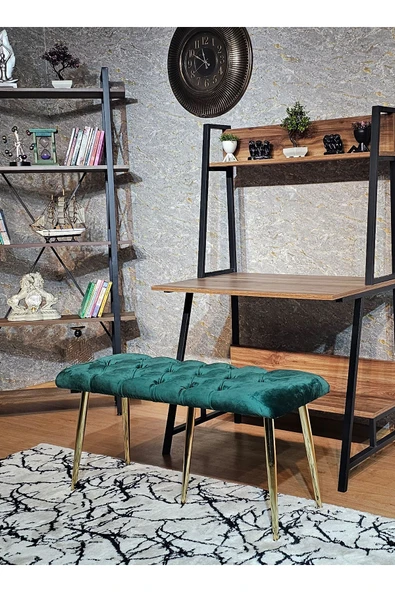 100'lük Benc – Gold Kaplama Sivriltme Ayaklı Yeşil Döşemeli Oturak, Bench, Oturak, Makyaj Pufu