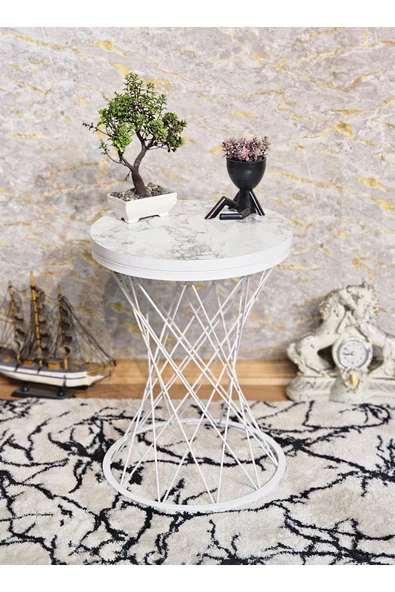 Beyaz Boyalı Pota 34 cm Suntalem Tablalı  Sehpa - Beyaz Mermer Suntalem Sehpa - Ahşap Sehpa - Zigon Sehpa - 5