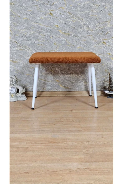 Beyaz Boyalı Sivriltme Ayaklı 60cm x 40cm Tedy Kumaşlı Turuncu Döşeme Oturak, Bench, Oturak, Puf
