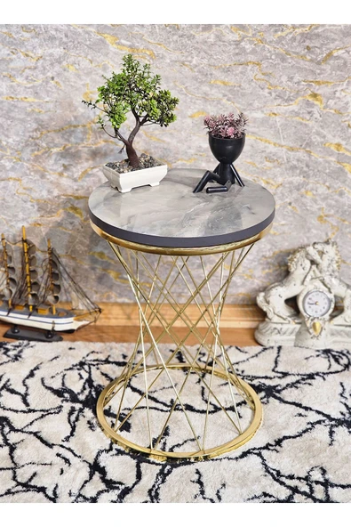 Gold Kaplama Pota 34 cm Suntalem Tablalı Sehpa - Marmol Suntalem Sehpa - Ahşap Sehpa - Zigon Sehpa - 4