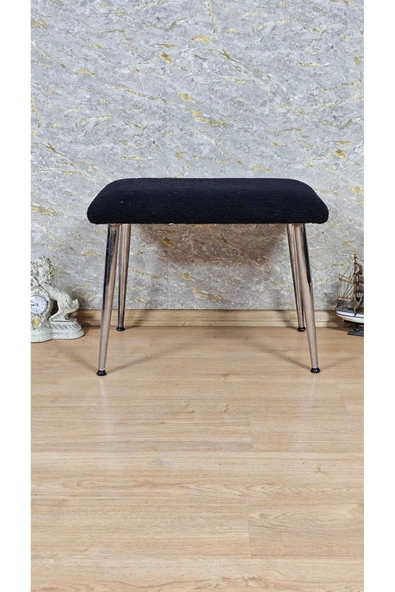 Krom Kaplama Sivriltme Ayaklı 60cm x 40cm Tedy Kumaşlı Siyah Döşeme Oturak, Bench, Oturak, Puf