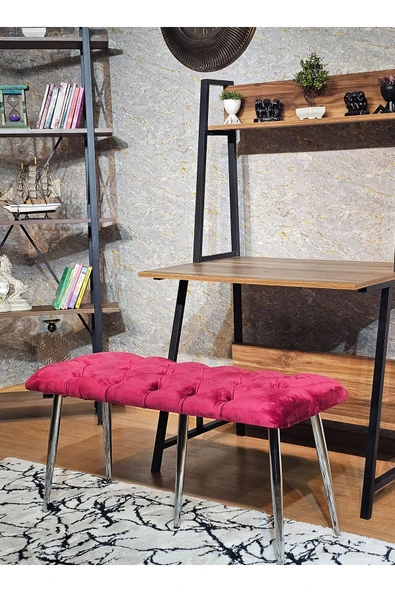 100'lük Benc – Krom Kaplama Sivriltme Ayaklı Bordo Döşemeli Oturak, Bench, Oturak, Makyaj Pufu - 3