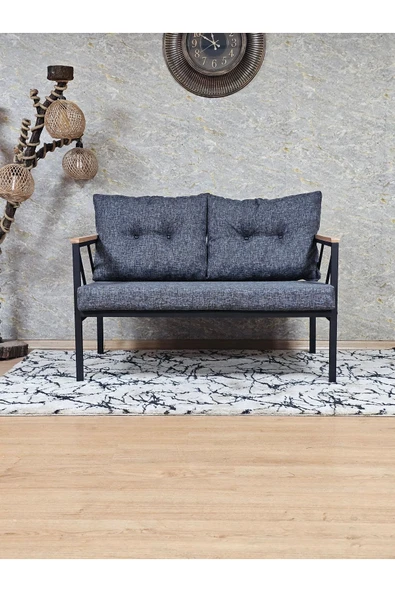 İkili Siyah Boyalı Bahçe Füme Döşeme - Balkon - Mutfak Çay Seti Takımı Bahçe Koltuk Takımı