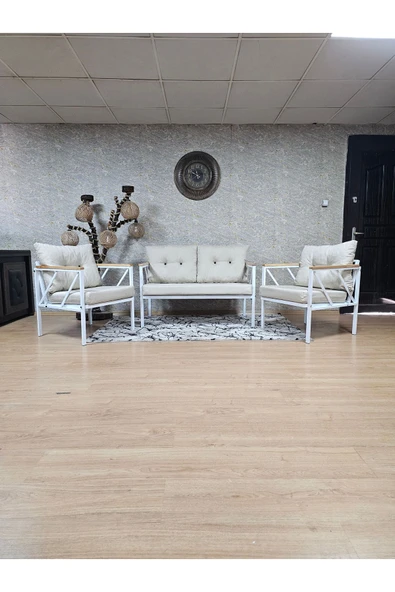 Beyaz Boyalı Bahçe Krem Döşeme - Balkon - Mutfak Çay Seti Takımı Bahçe Koltuk Takımı