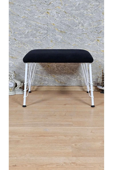 Beyaz Boyalı  Tel Ayaklı 60cm x 40cm Tedy Kumaşlı  Siyah Döşeme Oturak, Bench, Oturak, Puf