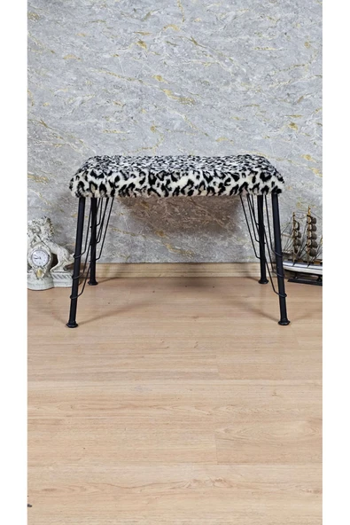 Siyah Boyalı Tel Ayaklı 60cm x 40cm Tedy Kumaşlı Leopar Döşeme Oturak, Bench, Oturak, Puf